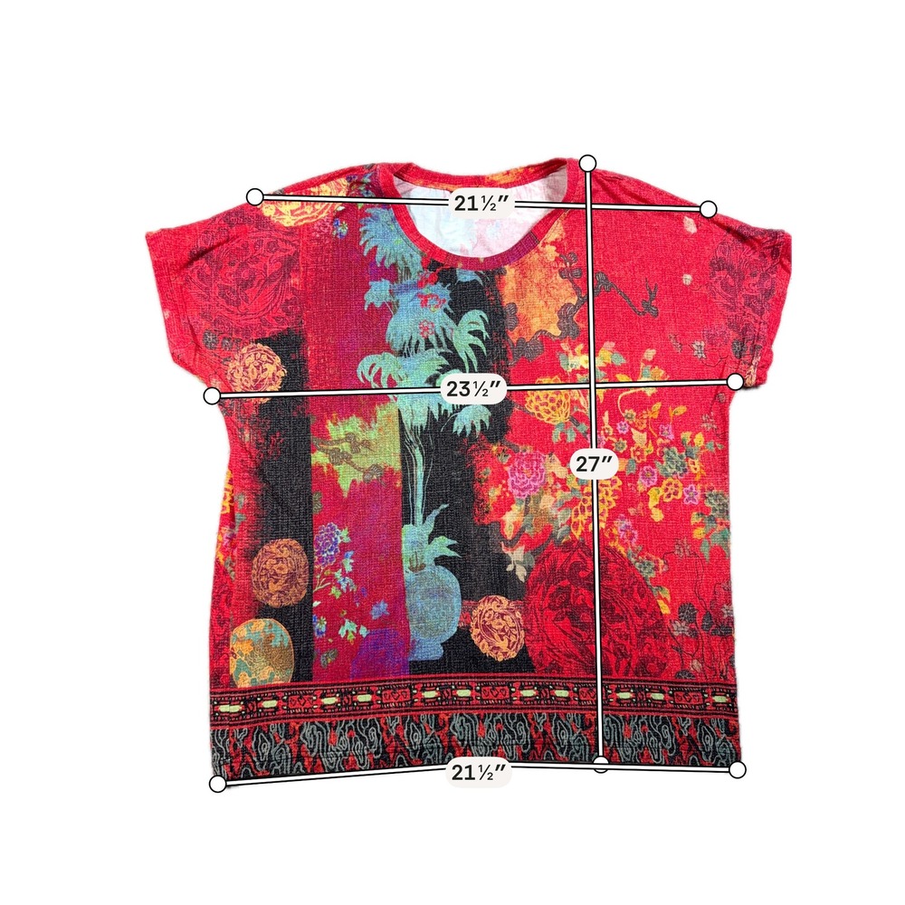 Citron Santa Monica Top Womens 0X Red Floral Asian Art Print Short Sleeve - Picture 8 of 9
